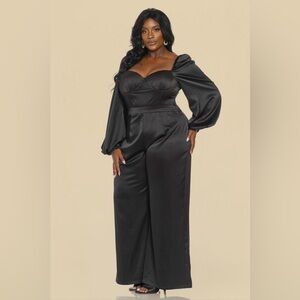 🟠199B. Long Sleeve Satin Jumpsuit - Black